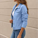 Cropped Button Front Denim Jacket with Flap Pockets