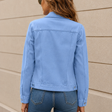 Cropped Button Front Denim Jacket with Flap Pockets