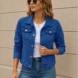 Cropped Button Front Denim Jacket with Flap Pockets