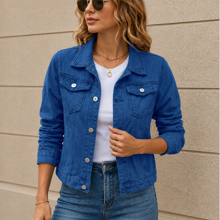 Cropped Button Front Denim Jacket with Flap Pockets