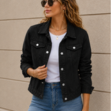 Cropped Button Front Denim Jacket with Flap Pockets