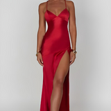 Satin Slip Maxi Dress with V-Neck and Leg Slit