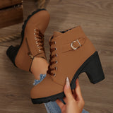 Lace-Up Ankle Boots with Block Heel and Buckle Strap