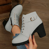 Lace-Up Ankle Boots with Block Heel and Buckle Strap