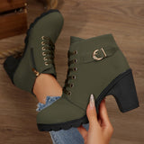 Lace-Up Ankle Boots with Block Heel and Buckle Strap