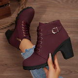 Lace-Up Ankle Boots with Block Heel and Buckle Strap
