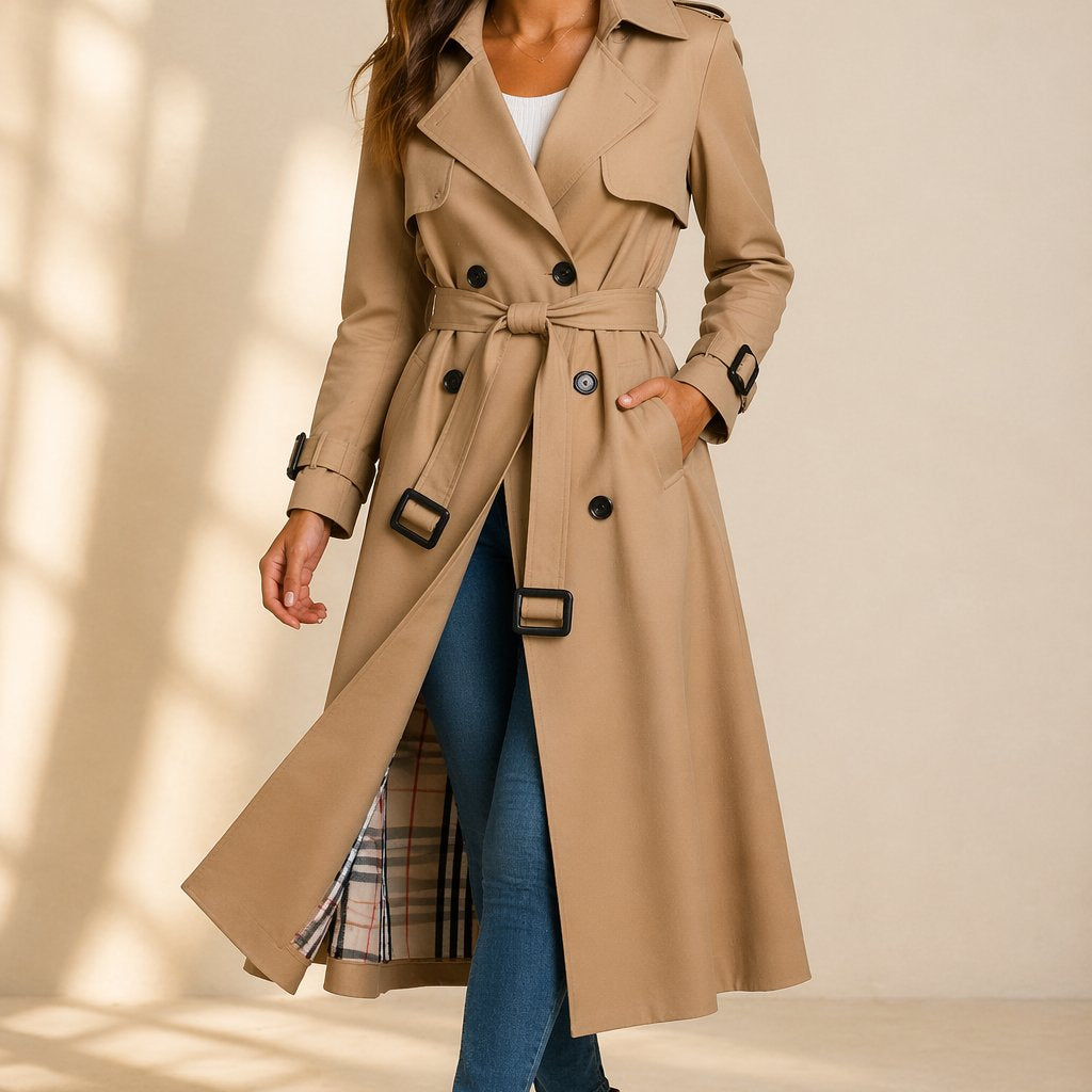 Women's Long Trench Coat with Double Breasted Front and Tie Waist Belt