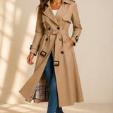 Women's Long Trench Coat with Double Breasted Front and Tie Waist Belt