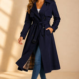 Women's Long Trench Coat with Double Breasted Front and Tie Waist Belt