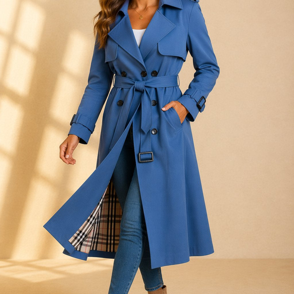 Women's Long Trench Coat with Double Breasted Front and Tie Waist Belt