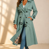 Women's Long Trench Coat with Double Breasted Front and Tie Waist Belt