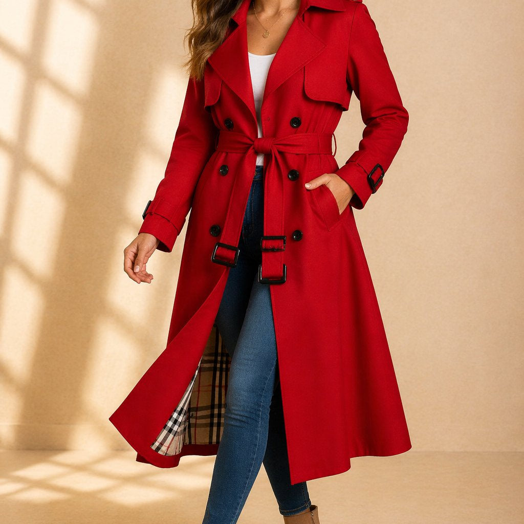 Women's Long Trench Coat with Double Breasted Front and Tie Waist Belt