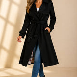 Women's Long Trench Coat with Double Breasted Front and Tie Waist Belt
