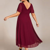 Pleated Wrap Midi Dress with Flutter Sleeves and Asymmetric Hem