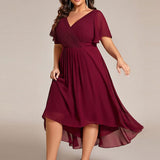 Pleated Wrap Midi Dress with Flutter Sleeves and Asymmetric Hem