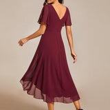 Pleated Wrap Midi Dress with Flutter Sleeves and Asymmetric Hem