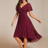 Pleated Wrap Midi Dress with Flutter Sleeves and Asymmetric Hem