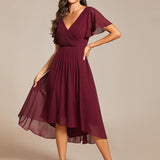 Pleated Wrap Midi Dress with Flutter Sleeves and Asymmetric Hem