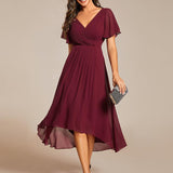 Pleated Wrap Midi Dress with Flutter Sleeves and Asymmetric Hem