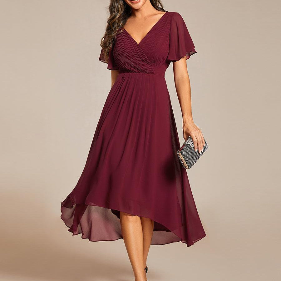 Pleated Wrap Midi Dress with Flutter Sleeves and Asymmetric Hem