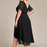 Pleated Wrap Midi Dress with Flutter Sleeves and Asymmetric Hem