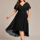 Pleated Wrap Midi Dress with Flutter Sleeves and Asymmetric Hem