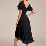 Pleated Wrap Midi Dress with Flutter Sleeves and Asymmetric Hem