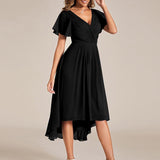 Pleated Wrap Midi Dress with Flutter Sleeves and Asymmetric Hem