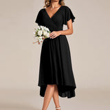 Pleated Wrap Midi Dress with Flutter Sleeves and Asymmetric Hem