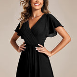 Pleated Wrap Midi Dress with Flutter Sleeves and Asymmetric Hem