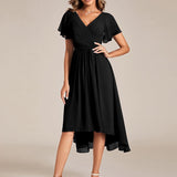 Pleated Wrap Midi Dress with Flutter Sleeves and Asymmetric Hem