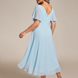 Pleated Wrap Midi Dress with Flutter Sleeves and Asymmetric Hem