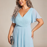 Pleated Wrap Midi Dress with Flutter Sleeves and Asymmetric Hem