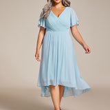 Pleated Wrap Midi Dress with Flutter Sleeves and Asymmetric Hem