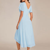 Pleated Wrap Midi Dress with Flutter Sleeves and Asymmetric Hem