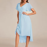 Pleated Wrap Midi Dress with Flutter Sleeves and Asymmetric Hem