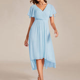Pleated Wrap Midi Dress with Flutter Sleeves and Asymmetric Hem