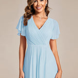 Pleated Wrap Midi Dress with Flutter Sleeves and Asymmetric Hem