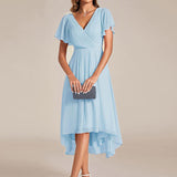 Pleated Wrap Midi Dress with Flutter Sleeves and Asymmetric Hem