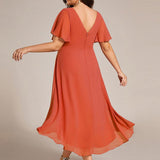 Pleated Wrap Midi Dress with Flutter Sleeves and Asymmetric Hem