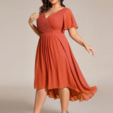 Pleated Wrap Midi Dress with Flutter Sleeves and Asymmetric Hem