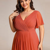 Pleated Wrap Midi Dress with Flutter Sleeves and Asymmetric Hem