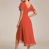 Pleated Wrap Midi Dress with Flutter Sleeves and Asymmetric Hem