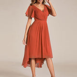 Pleated Wrap Midi Dress with Flutter Sleeves and Asymmetric Hem