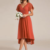 Pleated Wrap Midi Dress with Flutter Sleeves and Asymmetric Hem