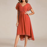 Pleated Wrap Midi Dress with Flutter Sleeves and Asymmetric Hem