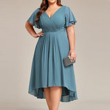 Pleated Wrap Midi Dress with Flutter Sleeves and Asymmetric Hem