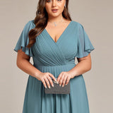 Pleated Wrap Midi Dress with Flutter Sleeves and Asymmetric Hem