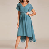 Pleated Wrap Midi Dress with Flutter Sleeves and Asymmetric Hem