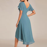 Pleated Wrap Midi Dress with Flutter Sleeves and Asymmetric Hem